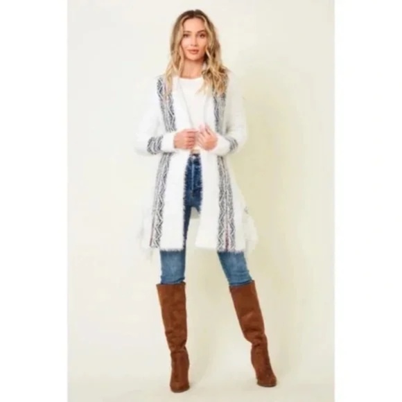White Fuzzy Eyelash Western Boho Fringe Rainbow Aztec Pattern Open Knit Cardigan - Picture 4 of 5